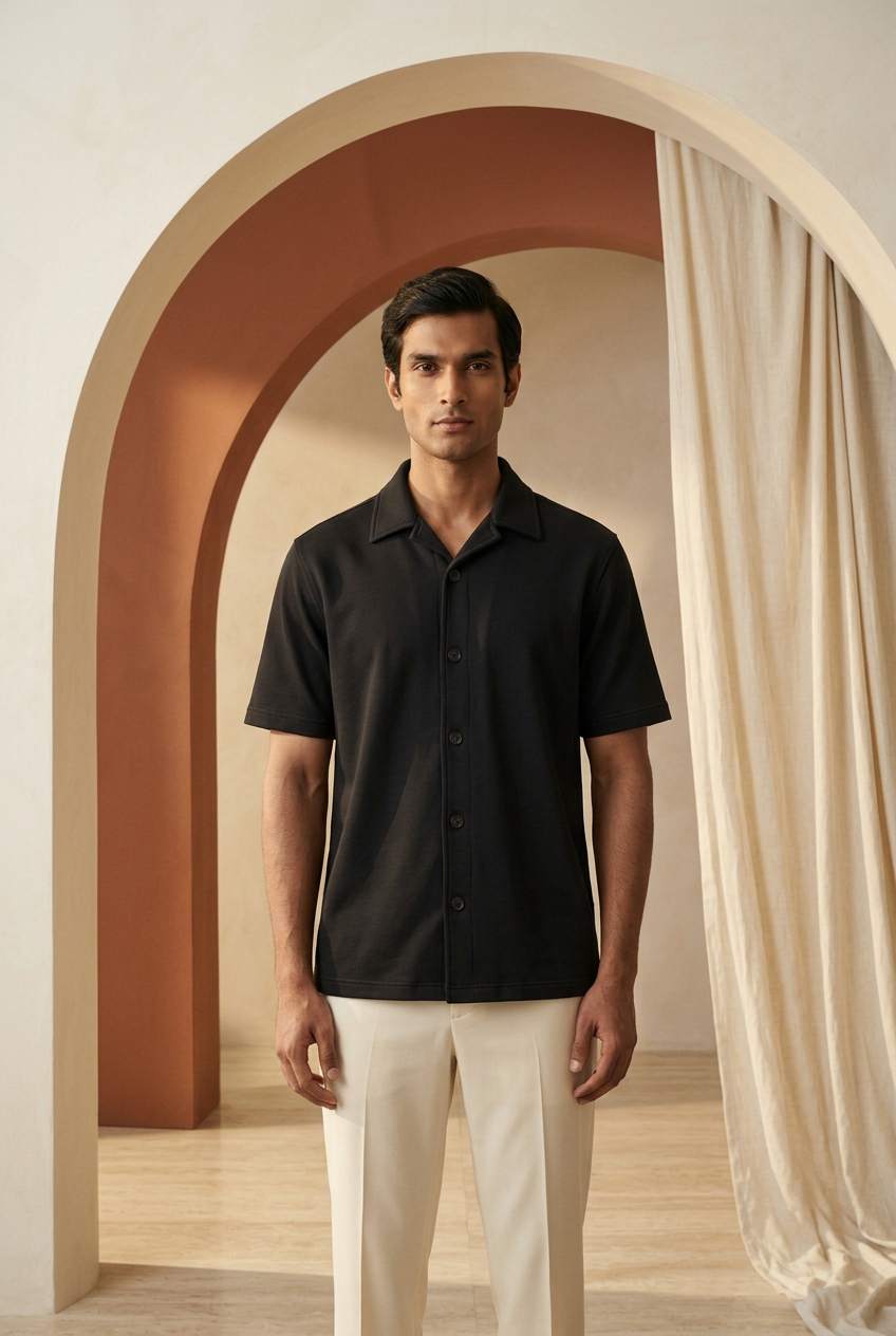 Black box-fit shirt model portrait
