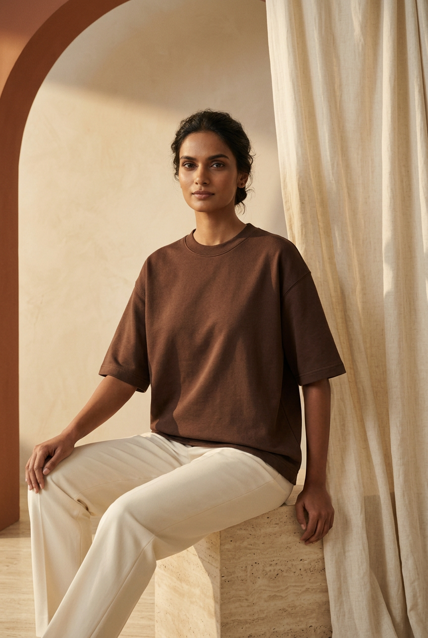 Chocolate-brown tee model portrait