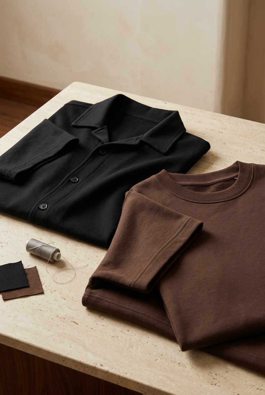 Dhoorth brand-story still life featuring folded essentials and fabric details